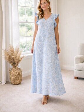 NWT Michelle McDowell Avery Blue White Print Ruffle Cap Sleeve Maxi Dress XL